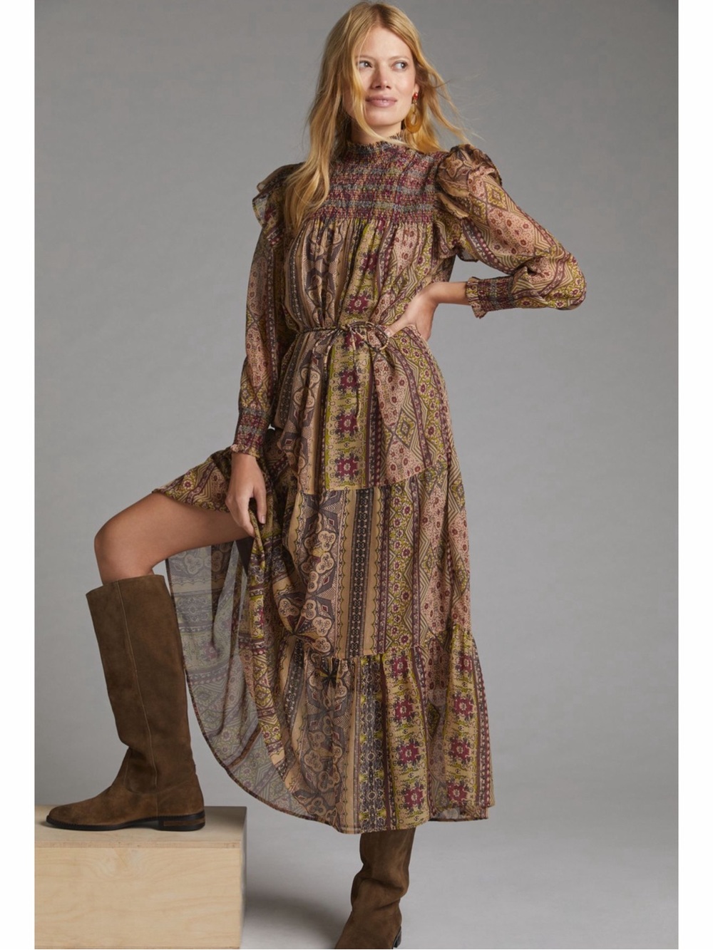 Anthropologie Llani Smocked Midi Dress Brown Pattern Size Medium
